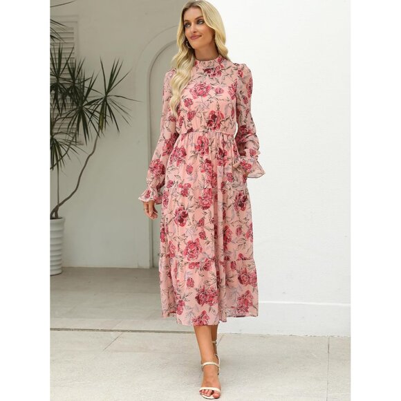 Women's Fall Floral Long Sleeve Midi Dress Boho Casual Wedding Guest - Picture 7 of 8